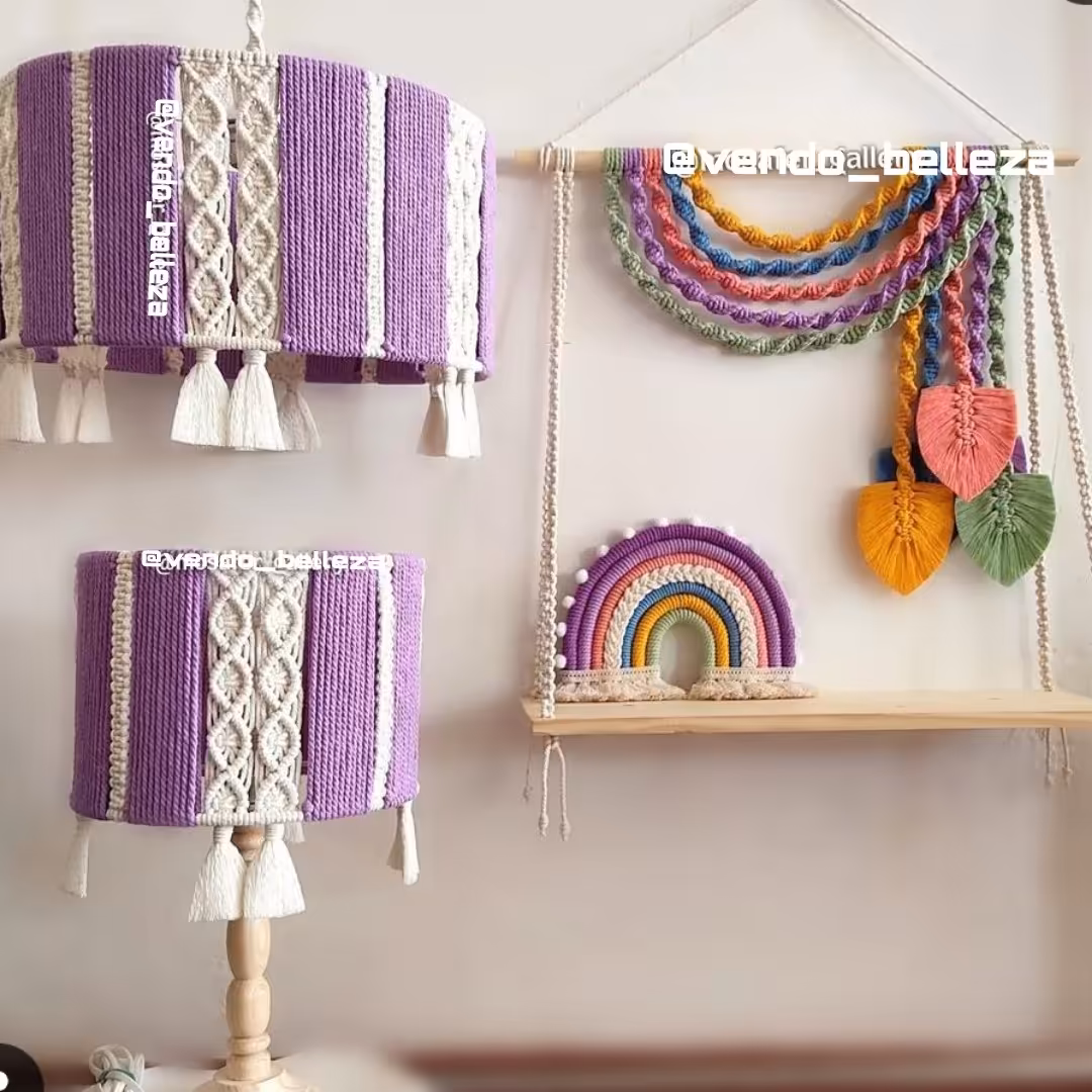 اویزشلف مکرومه با لوسترمکرومه و اباژور مکرومه با بهترین متریال در رنگ و سایز دلخواه قابل سفارش