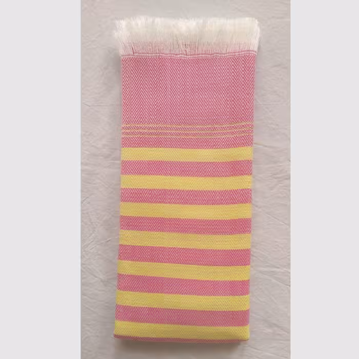 حوله دستباف آشپزخانه راه راه صورتی با خطوط زرد و حاشیه های طلایی