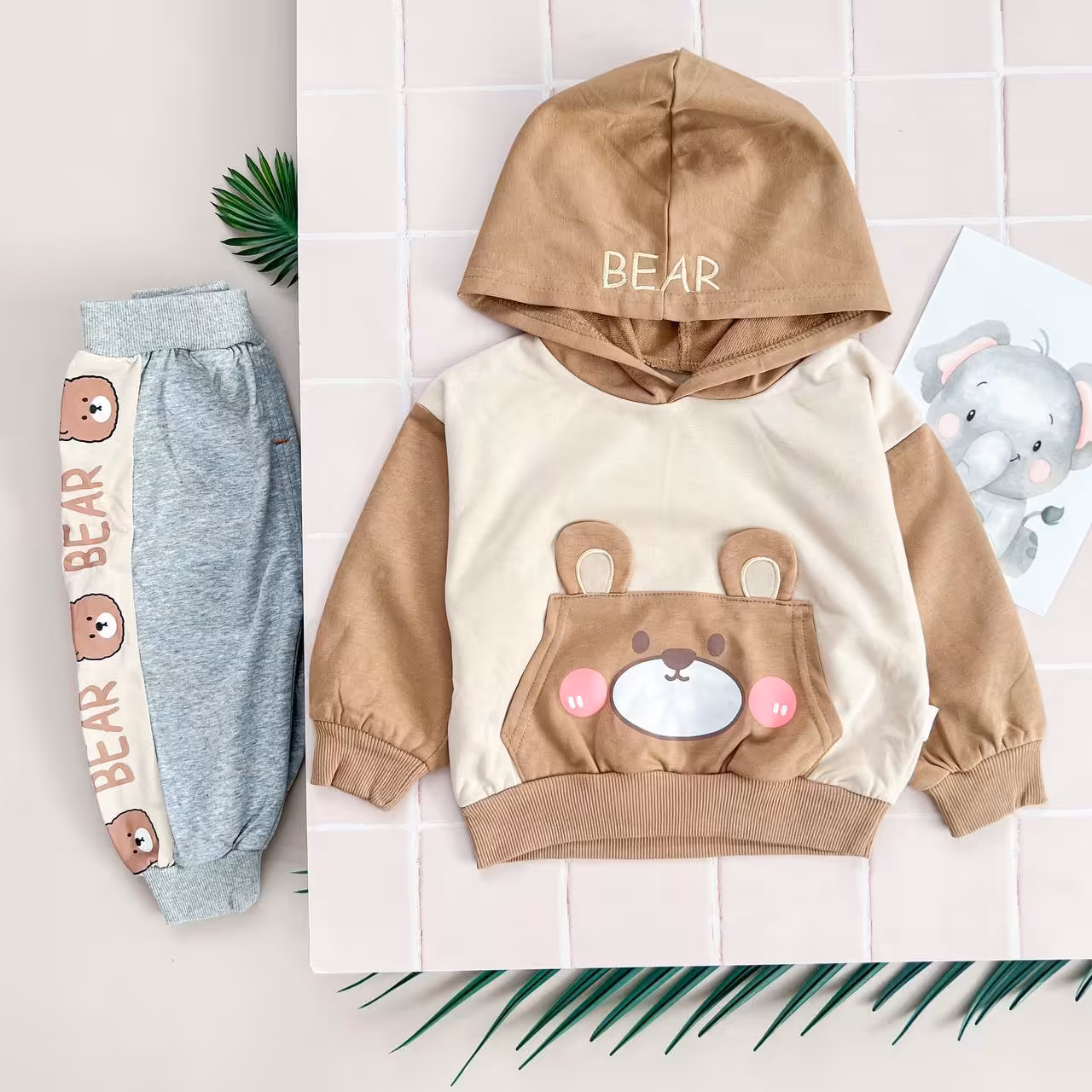 ست هودی شلوار وارداتی بچگانه؛دو رنگ زرد و کرم؛مناسب 10 ماه تا 3 سال