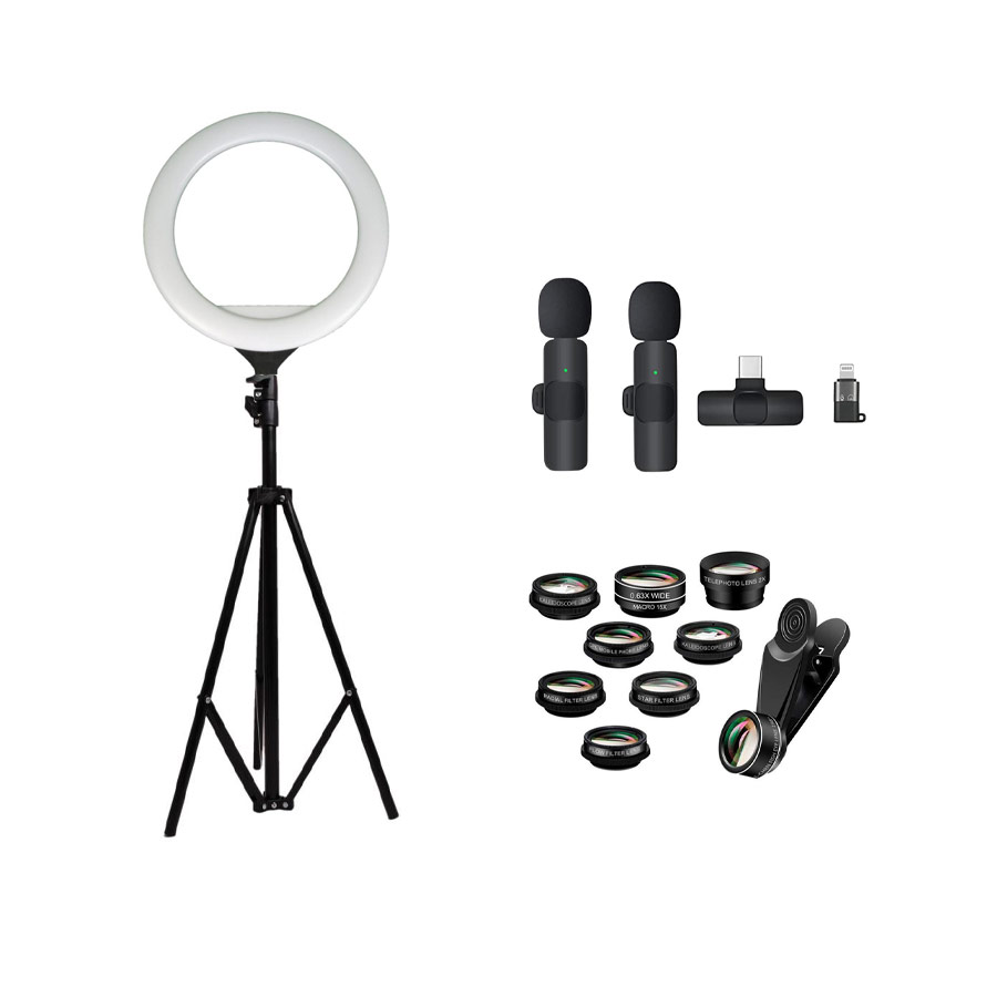 کیت تولید محتوا رینگ لایت سی یرا Sierra SR-360A ، پایه 801 ، میکروفون K9 و لنز موبایل XH-1001