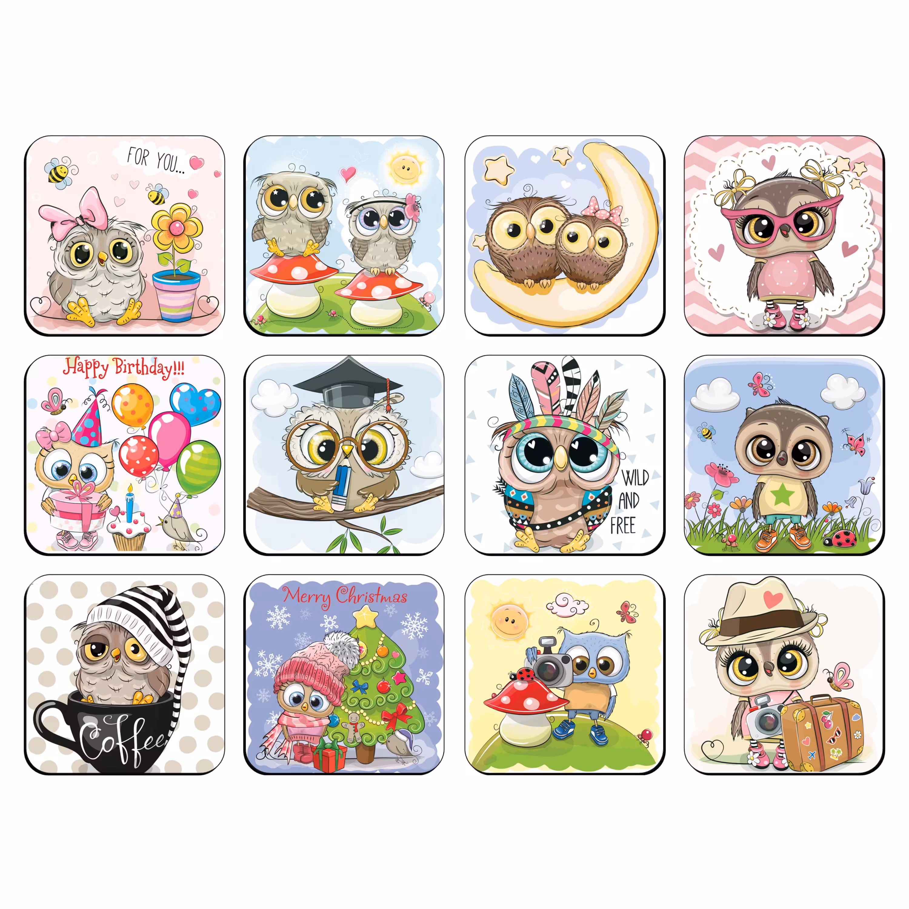 زیر لیوانی مدل CC105 طرح جغد مجموعه 12 عددی