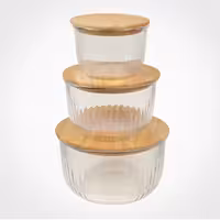 ست ظرف شیشه ای گرد شیاردار لیمون درب چوبی