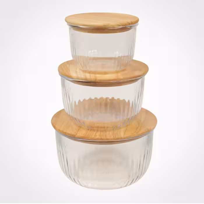 ست ظرف شیشه ای گرد شیاردار لیمون درب چوبی