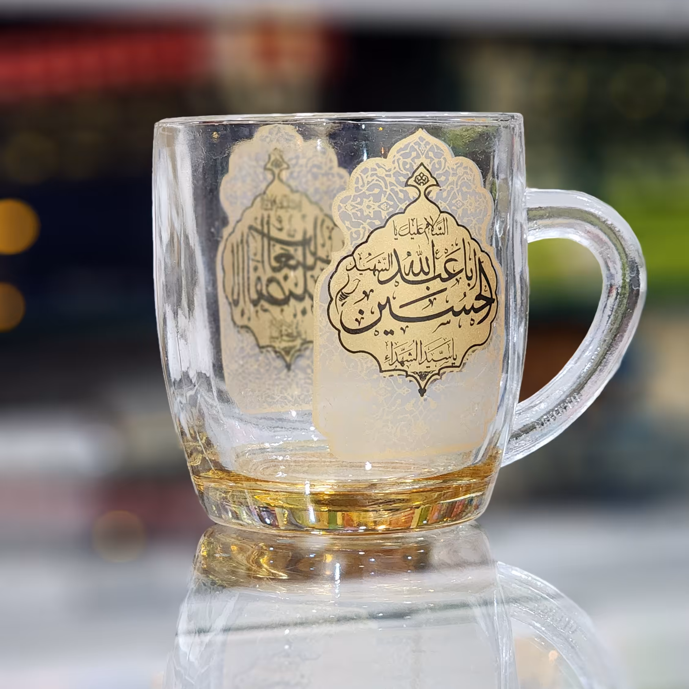 لیوان شیشه ای دسته دار  دو طرف چاپ