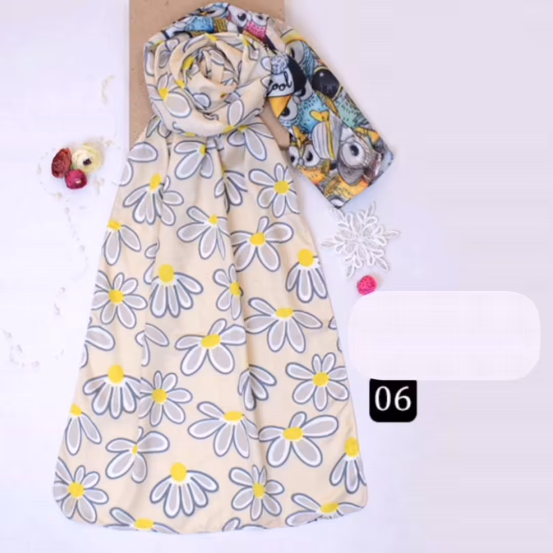 شال بابونه نخی قواره بزرگ نخی طرح گل بابونه و جغد 