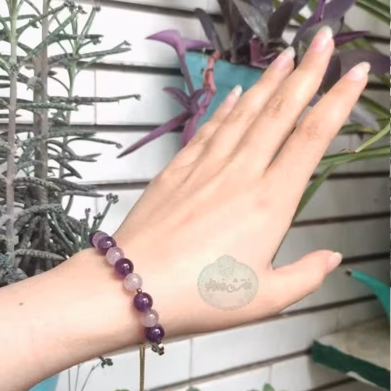 دستبند آمیتیست سنگی مهره ای استیل بند اسانسوری