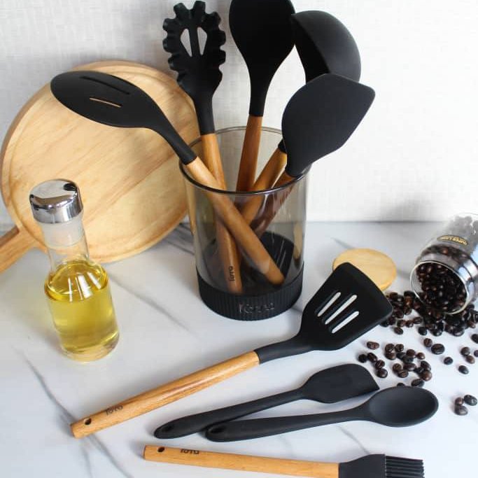 کفگیر ملاقه سیلیکونی دسته چوب