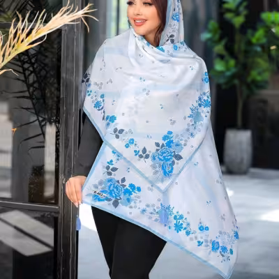 شال نخی بهاره منگوله دار تم آبی