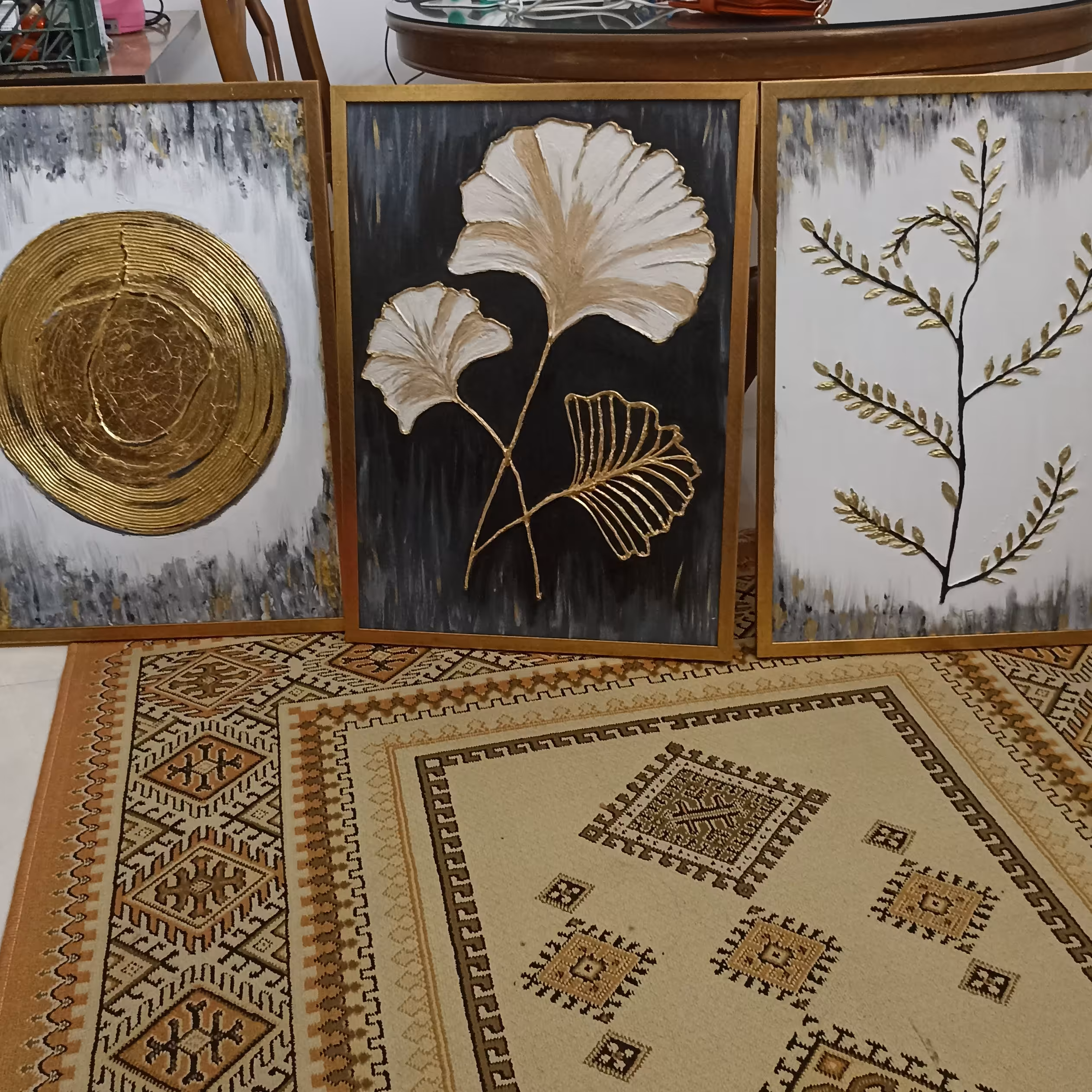 تابلو برجسته دکوراتیو ورق طلا: سایز150&70: سه تیکه با قاب طلایی