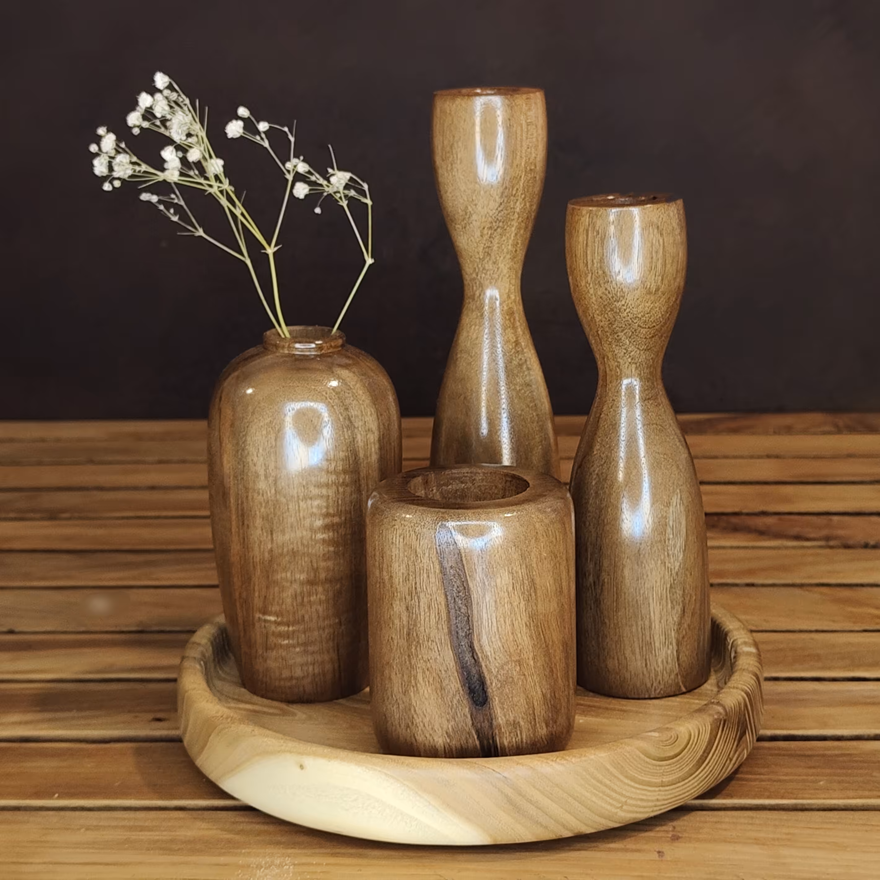 شمعدان چوبی گردویی با سینی(پس کرایه)