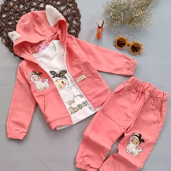 ست 3 تیکه سویشرت شلوار تیشرت خوشگل و ناز، جنس سویشرت و شلوار کتان کش، جنس تیشرت پنبه سوپر لاکرادار، مناسب 1 تا 7 سال