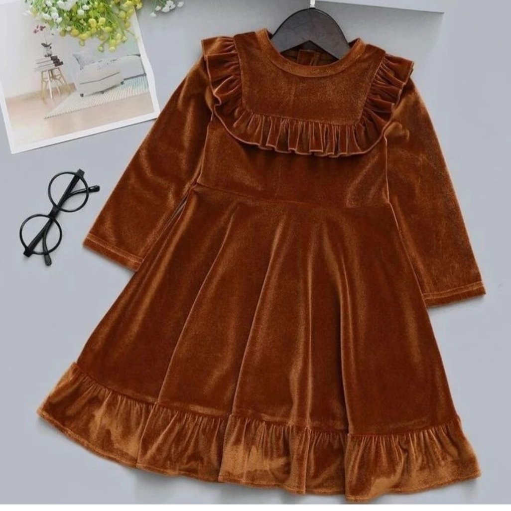 پیراهن دخترانه پائیزه 😍 مخمل و مخمل کبریتی قابل سفارش