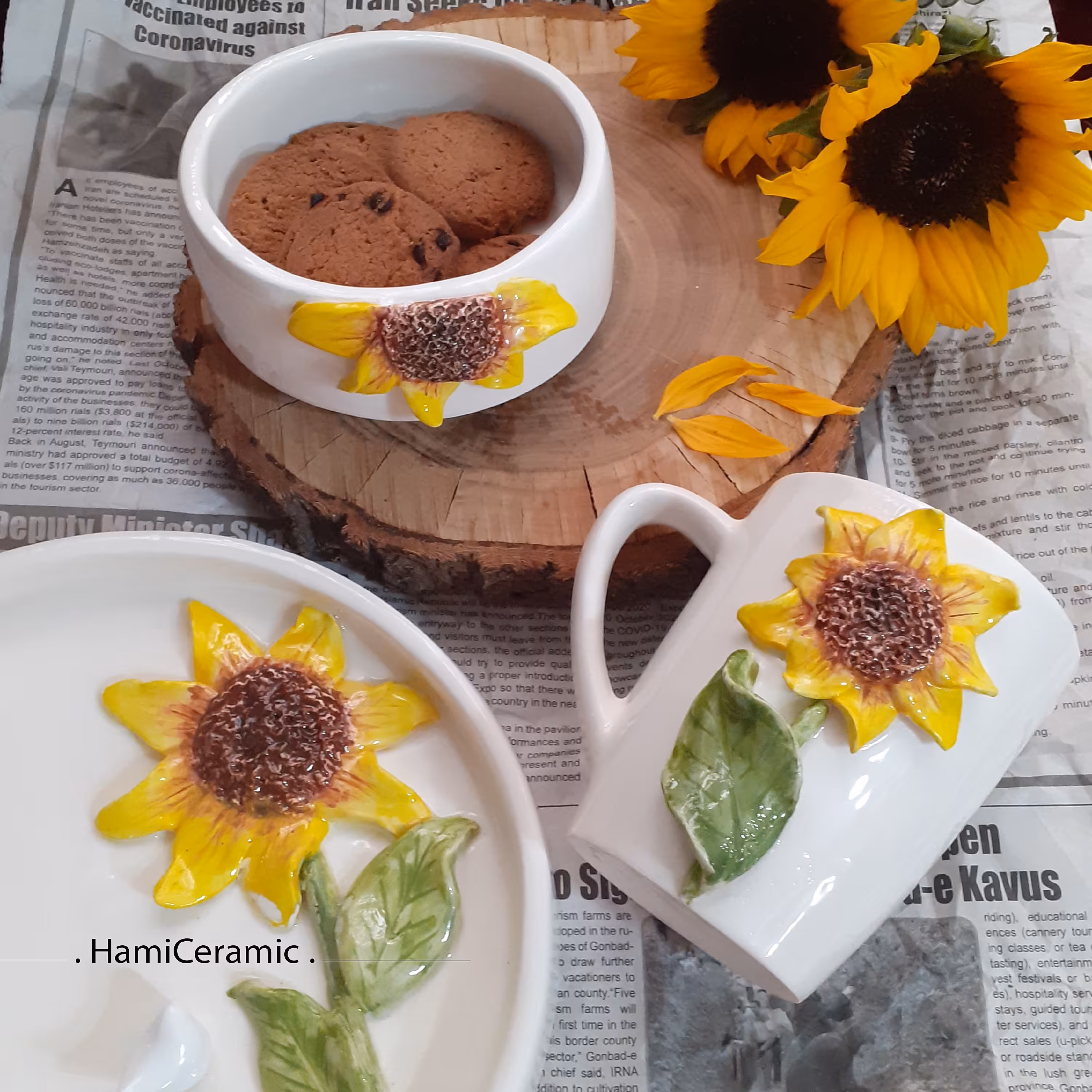 ست پذیرایی تک نفره سرامیکی با گل افتابگردان زیبا