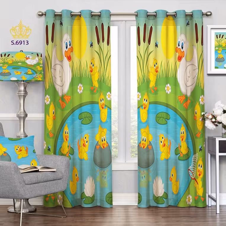 پرده اتاق خواب کودک دو قواره پانچ طرح بچه اردک ها کد S6913