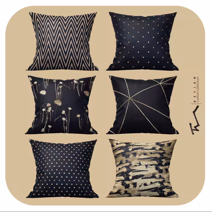 شش عدد کاور کوسن طرح سارینا 2 - 40 در 40 - جنس مخمل پورش - زمینه سورمه ای تیره 