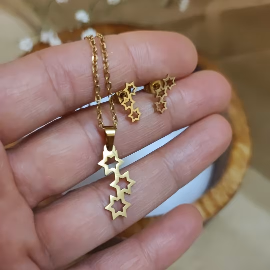  گردنبند و گوشواره ستاره استیل طلایی