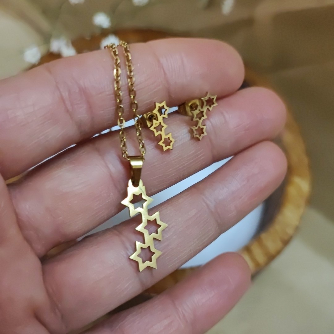  گردنبند و گوشواره ستاره استیل طلایی