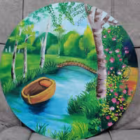 نقاشی رنگ روغن. رودخانه آرام.بوم گرد با قطر 29 سانت. بسیار زیبا