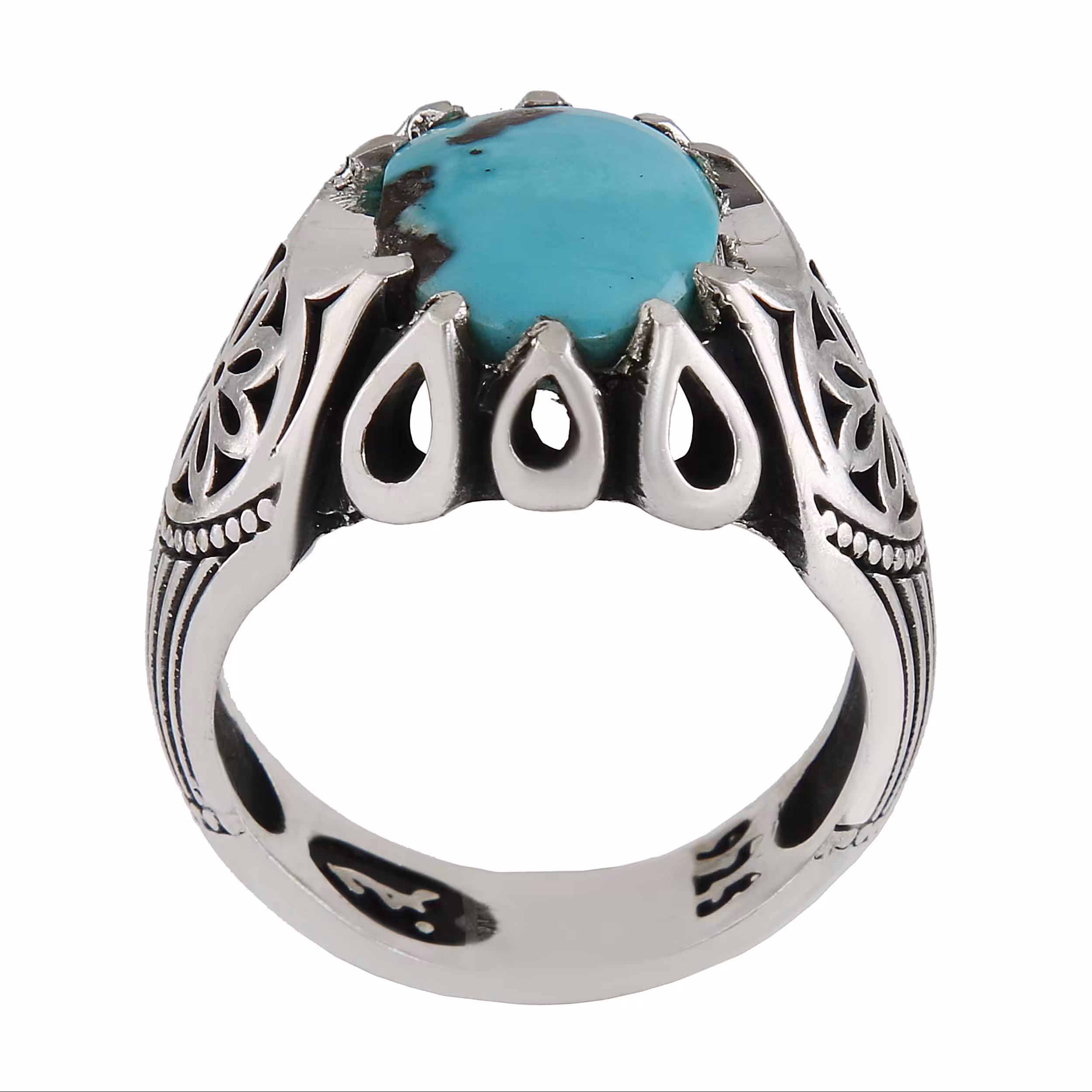 انگشتر نقره مردانه بازرگانی میلادی فیروزه طبیعی رکاب دست ساز سیاه قلم کد AM2988