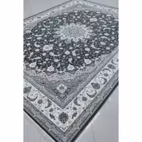 فرش ماشینی 1500 شانه گل برجسته اصل تراکم 4500 طرح اصفهان زمینه ذغالی 12 متری جنس اکرولیک