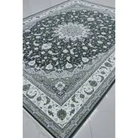 فرش ماشینی 1500 شانه گل برجسته اصل تراکم 4500 طرح اصفهان زمینه ذغالی 12 متری جنس اکرولیک