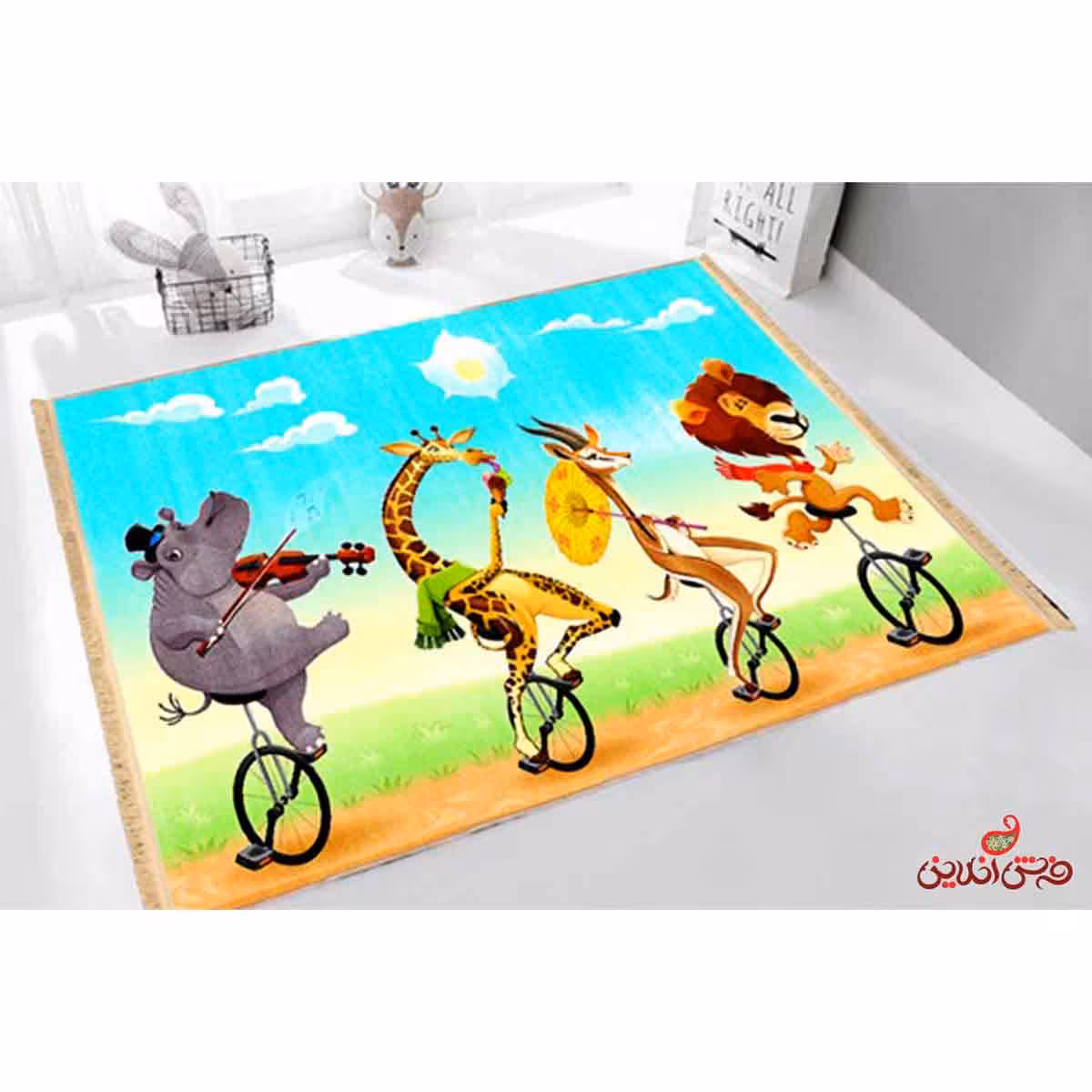 فرش ماشینی کودک کلاریس طرح حیوانات دوچرخه سوار کد 100213