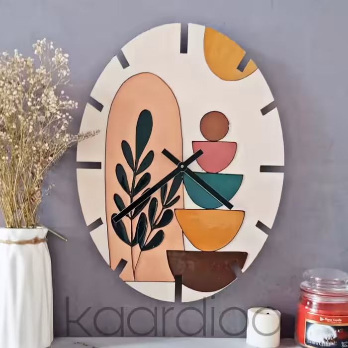 ساعت ویترای، جنس بدنه چوب، رنگ ها اکرولیک و رنگ ویترای، موتور آرام گرد