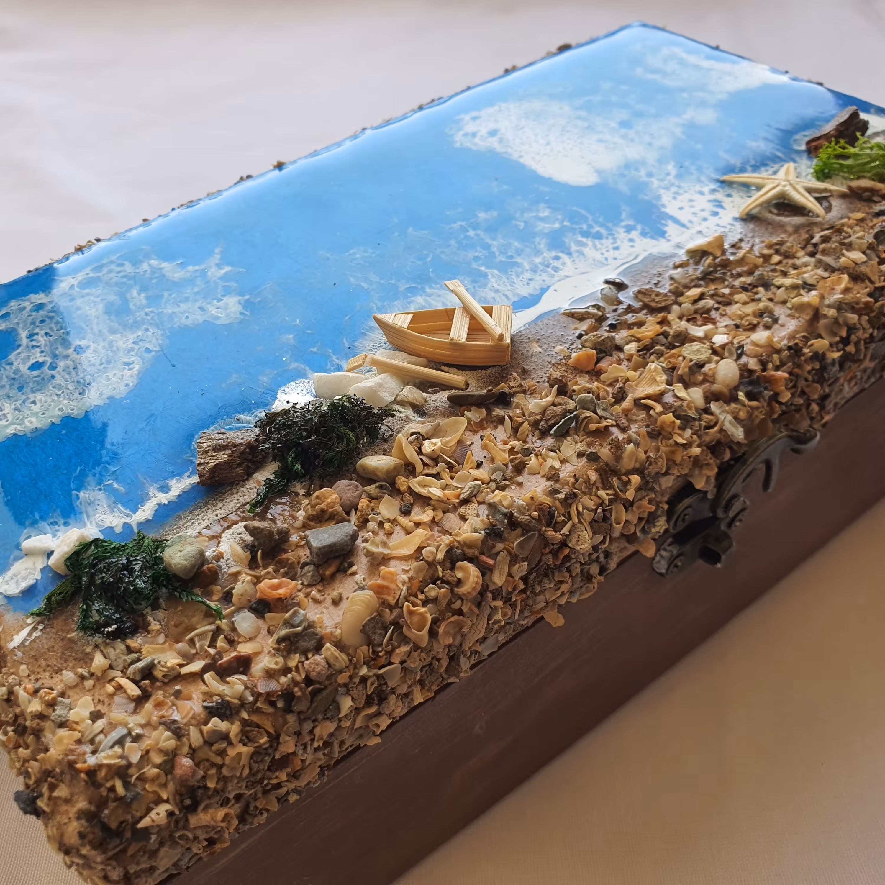 جعبه تی بگ   طرح دریا دولایه رزین با ساحل کاملا طبیعی و بدون ریزش تماما هنر دست 