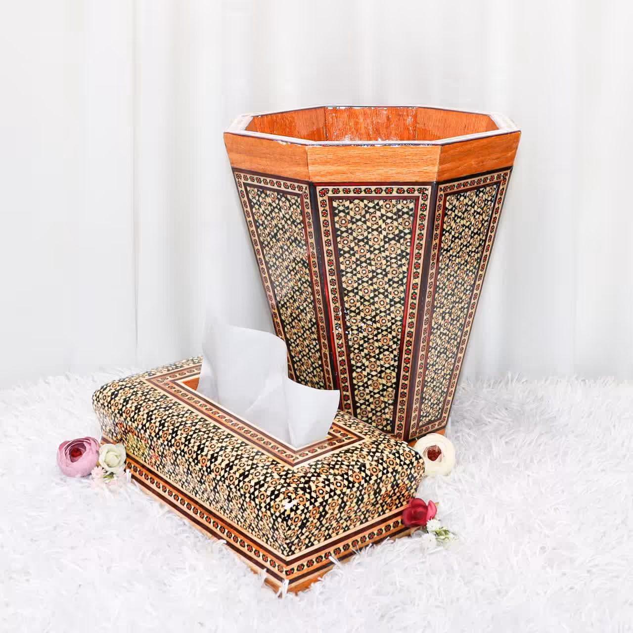 ست جعبه دستمال کاغذی کشویی و سطل زباله خاتم کاری(مدل ساده)(گارانتی 120 ماهه)