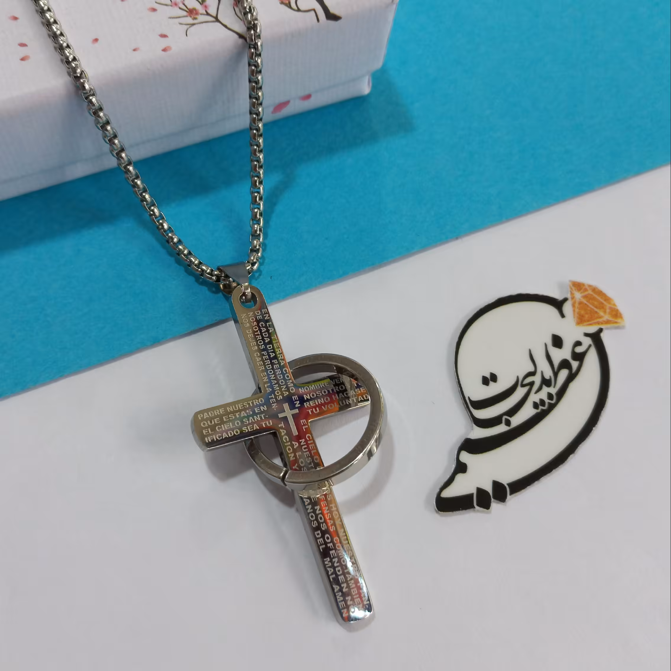 گردنبند با پلاک صلیب حلقه دار روکش طلا با زنجیر 60 سانتی استیل رنگ ثابت نقره ای