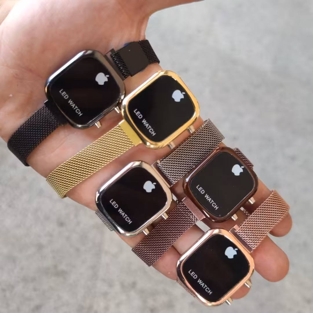 ساعت led طرح اپل 
صفحه led نمایشگر سبز 
رنگبندی متنوع
بند حصیری قفل مگنتی