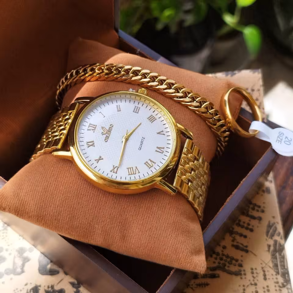 ست ساعت مردانه همراه با دستبند و حلقه استیل رنگ ثابت 