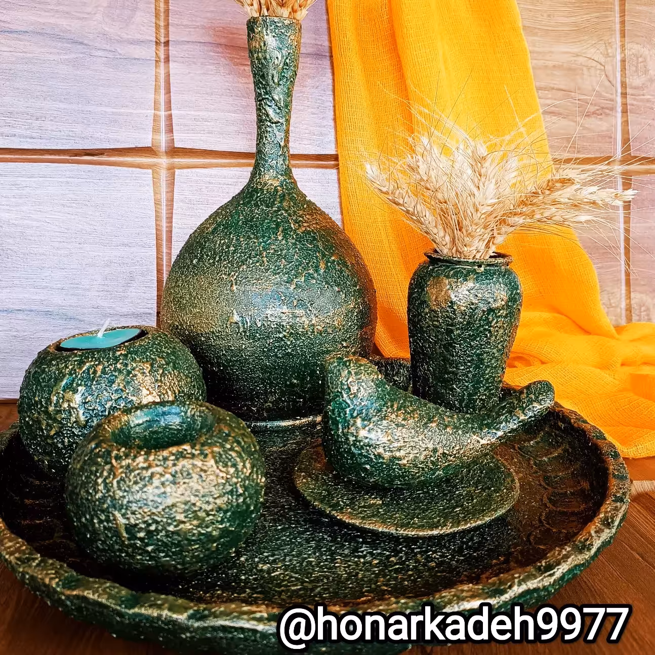 ست دکوری رومیزی سفالی پتینه برجسته سبزطلایی