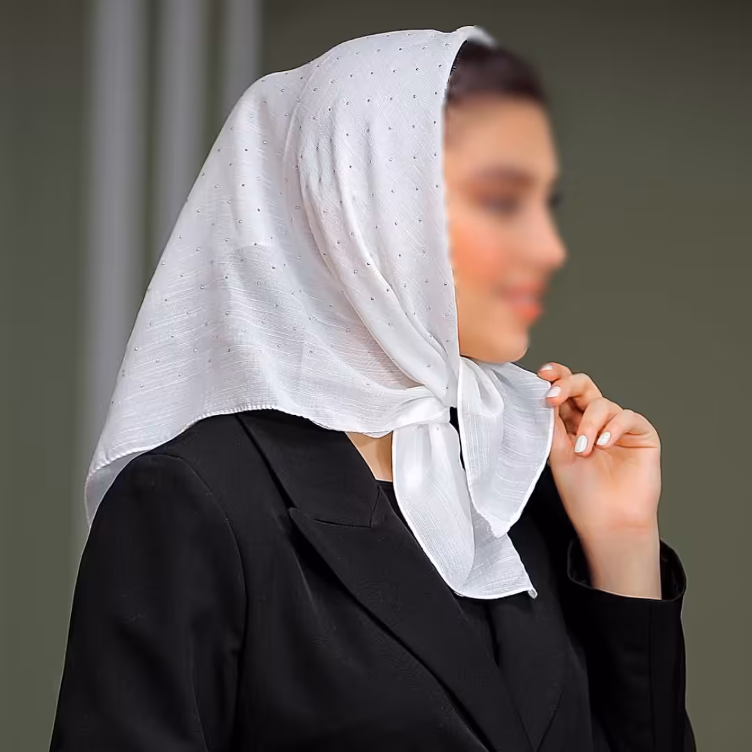 مینی اسکارف نگین دار نخی اسلپ رنگ سفید ارسال رایگان 