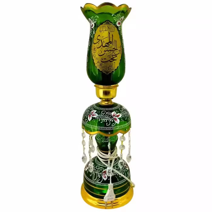 103265-لاله شمعدانی کوچک ارتفاع 46 قطر دهانه 11-سبز یا اباصالح المهدی عج و یا علی بن موسی الرضا ع-کنار منبری هیئت