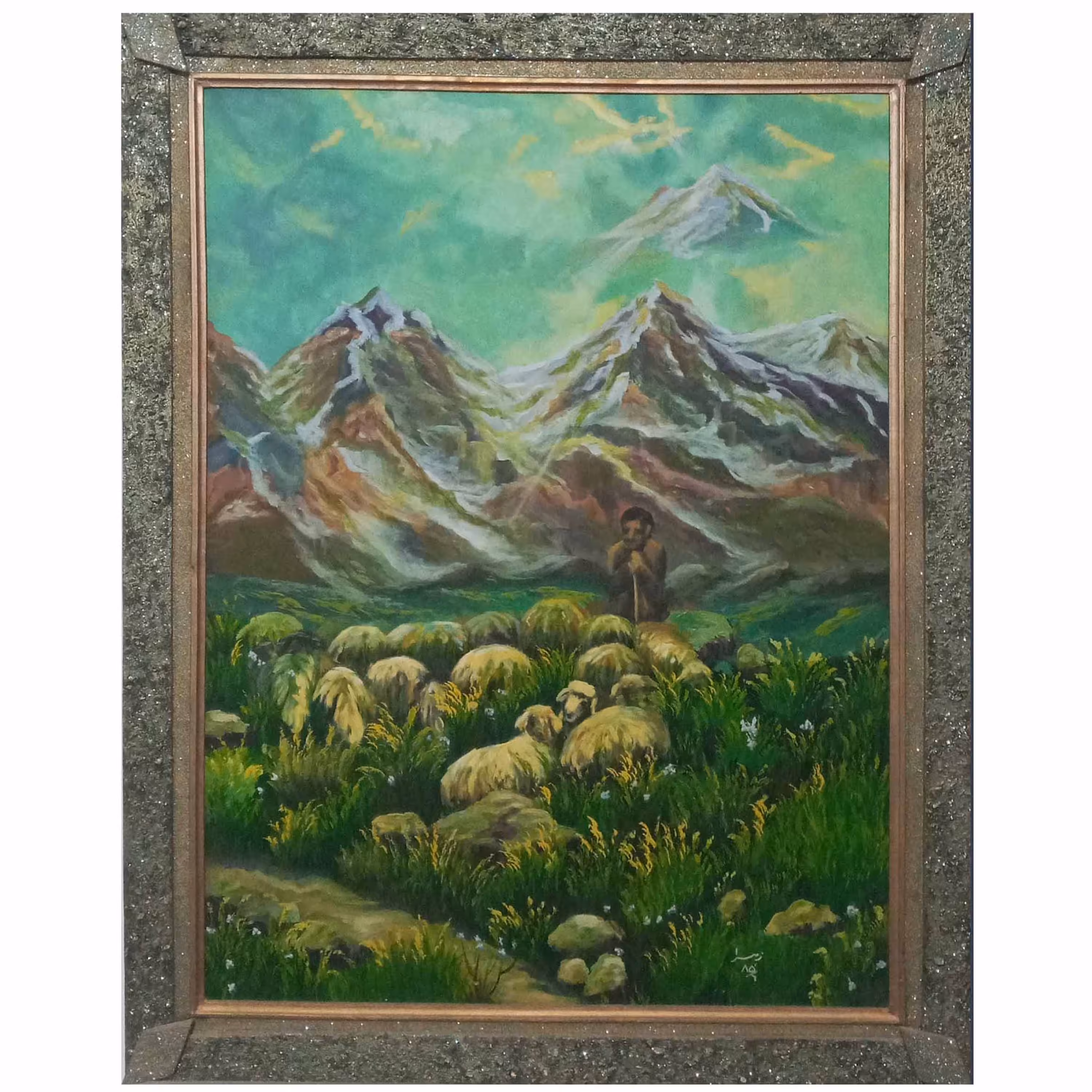 نقاشی رنگ روغن مدل چوپان ابعاد 60 در 80 قاب چوبی دست ساز