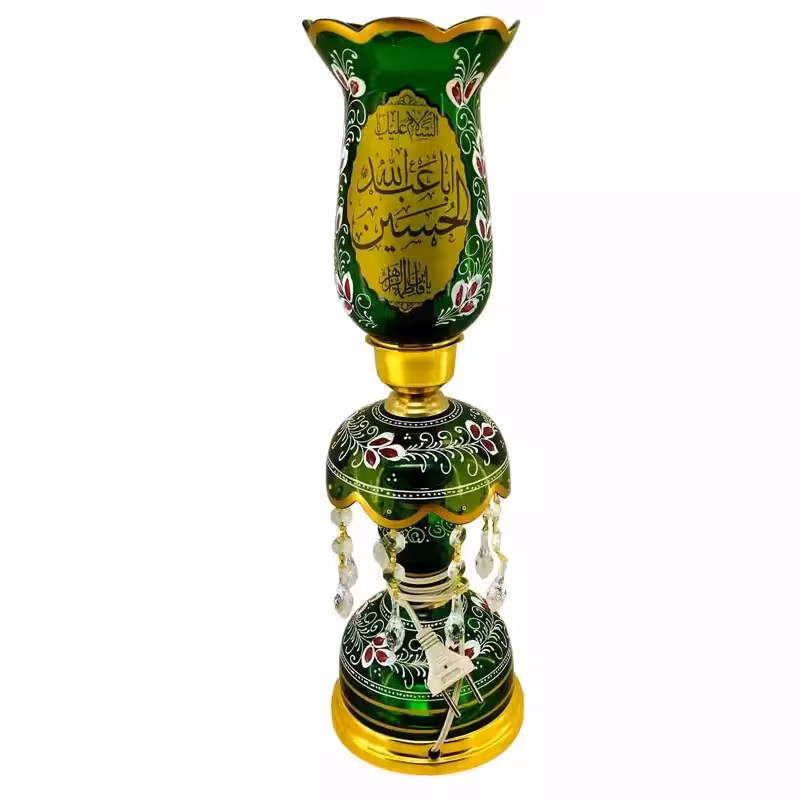 103269-لاله شمعدانی کوچک ارتفاع 46 قطر دهانه 11-سبز یا اباعبدالله الحسین ع و یا ام البنین س-کنار منبری هیئت