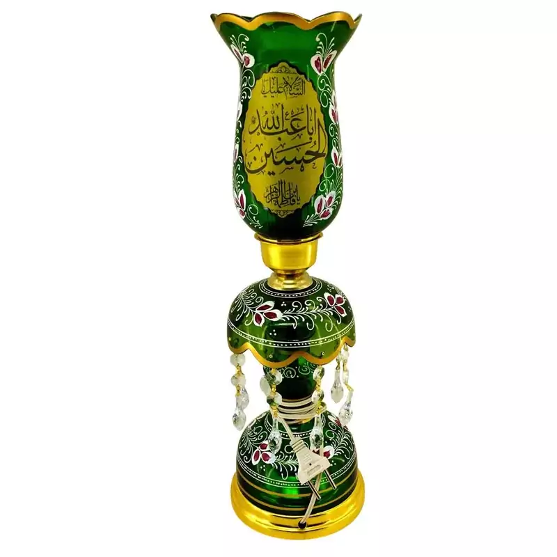 103269-لاله شمعدانی کوچک ارتفاع 46 قطر دهانه 11-سبز یا اباعبدالله الحسین ع و یا ام البنین س-کنار منبری هیئت