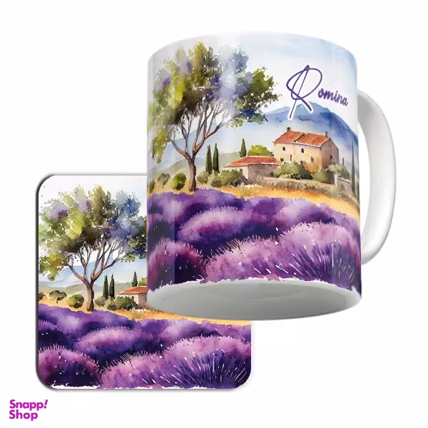 ماگ لاژید مدل اسم رومینا طرح نقاشی منظره به همراه زیر لیوانی