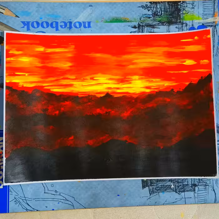 نقاشی تکنیک آکریلیک نمای غروب خورشید و کوه A4