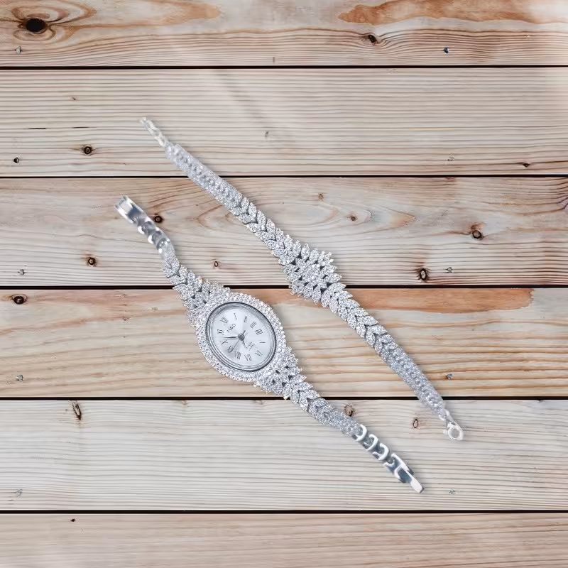 ست ساعت و دستبند نقره زنانه عیار 925 روکش جواهری 18 ماه گارانتی موتور ژاپن