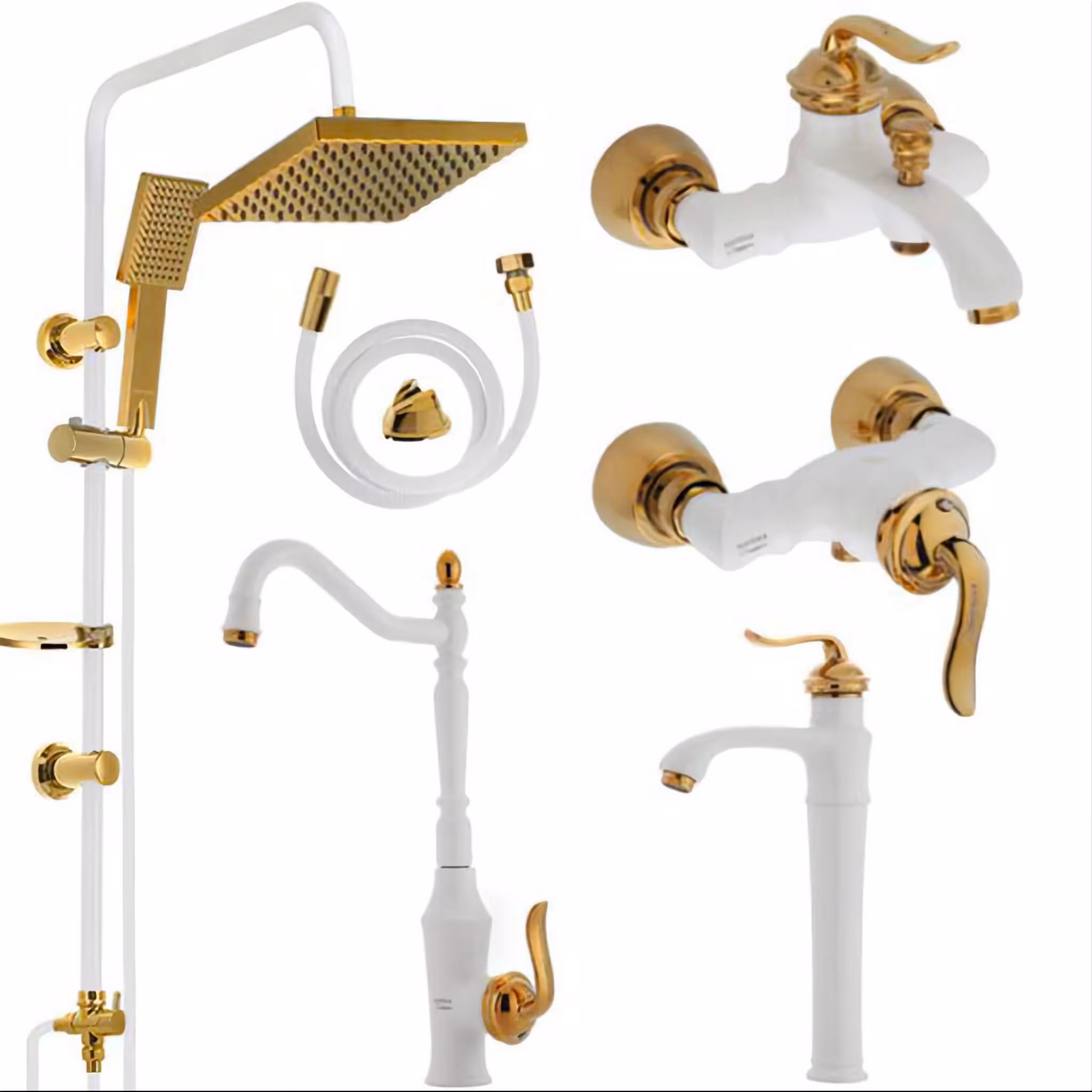 ست 6 تیکه شیرآلات پایه بلند با علم دوش حمام و شلنگ توالت