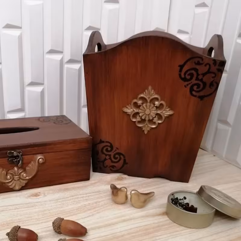 سطل زباله و جعبه دستمال کاغذی چوبی