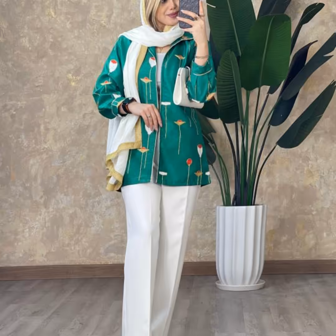 مانتو مزونی تافته خامه دوزی شده  فری سایز از 36تا44 با قد 78