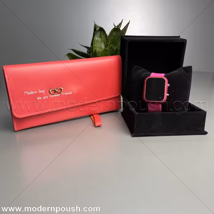 ست ساعت طرح اپل واچ  و کیف پول رنگ صورتی پر رنگ مناسب هدیه و کادو