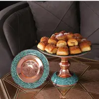 شیرینی خوری فیروزه کوبی لب صاف قطر 28 سانتی مس و فیروزه کوبی نیشابور صنایع دستی سایروس و قلم زنی شده 