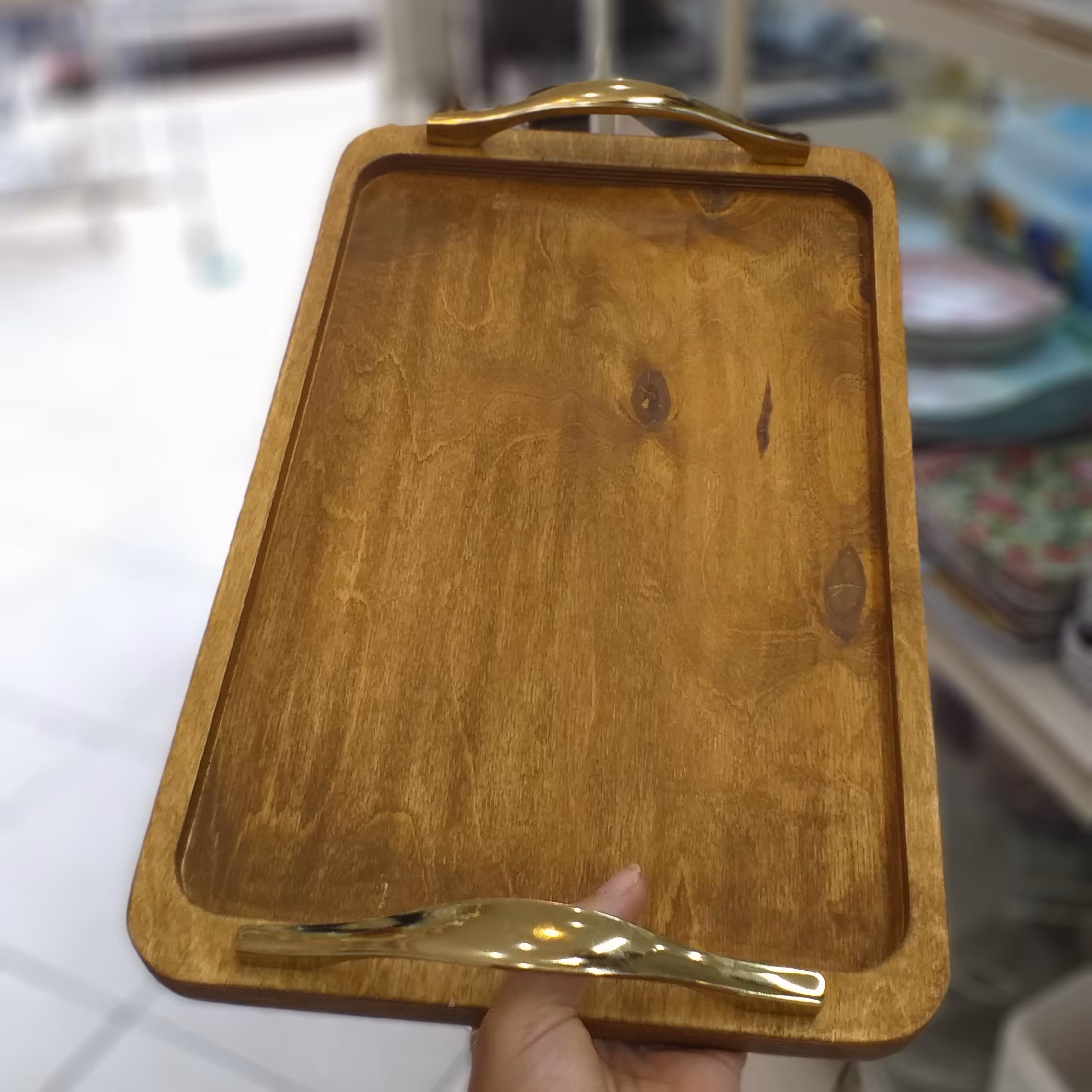 سینی چوبی دسته فلزی سایز بزرگ قابل شستشو رنگ ثابت