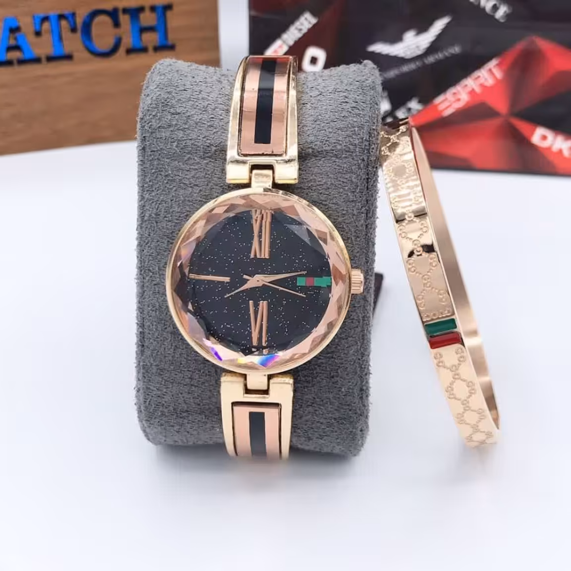 ساعت زنانه ست دخترانه مارک گوچی صفحه کهکشانی دستبند کارتیر استیل رنگ ثابت 