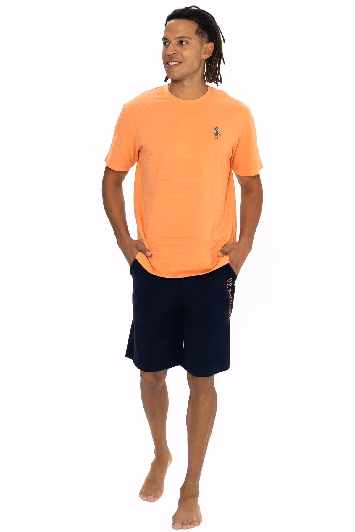 ست پیژامه نارنجی مردانه یقه دوچرخه جیب راه تی شرت و شلوار آستین کوتاه U.S. Polo Assn.