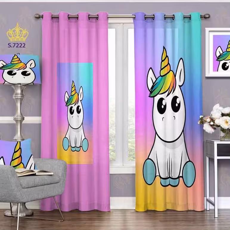 پرده اتاق خواب کودک دو قواره پانچ طرح اسب تک شاخ کد S7222